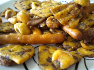 gluten-free snack mix with bagel chips, pretzels, corn nuts