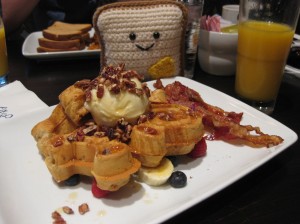 Mr. Toastee enjoying delicious Mickey Waffles wtih marscarpone cheese